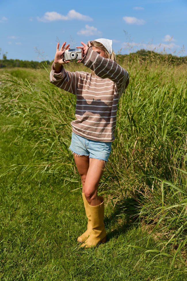 Sweet Serenity Taupe and White Striped Long Sleeve Sweater - Image 2
