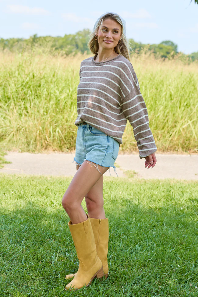 Sweet Serenity Taupe and White Striped Long Sleeve Sweater - Image 3