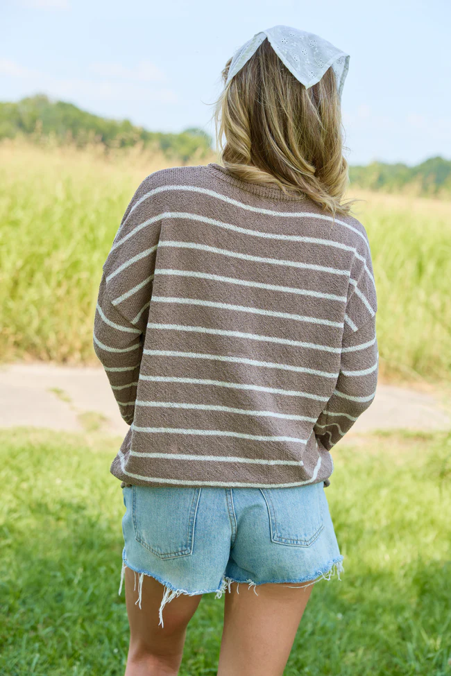 Sweet Serenity Taupe and White Striped Long Sleeve Sweater - Image 5