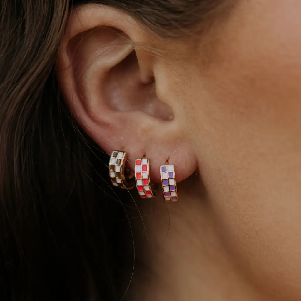 Purple & White Checkered Hoop Earrings