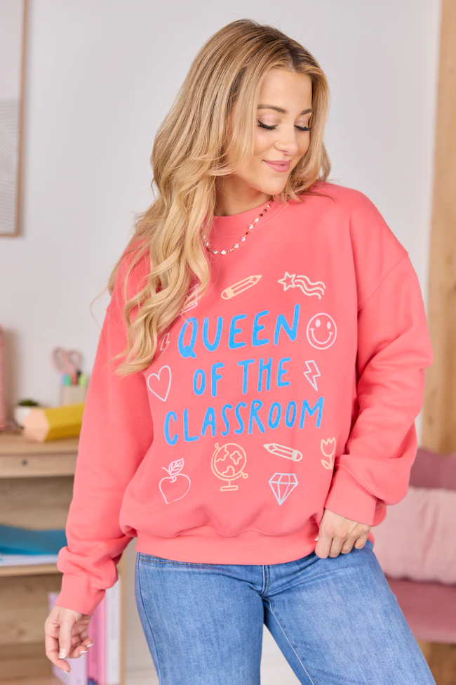 Queen Of The Classroom Light Red Graphic Sweatshirt - Image 2