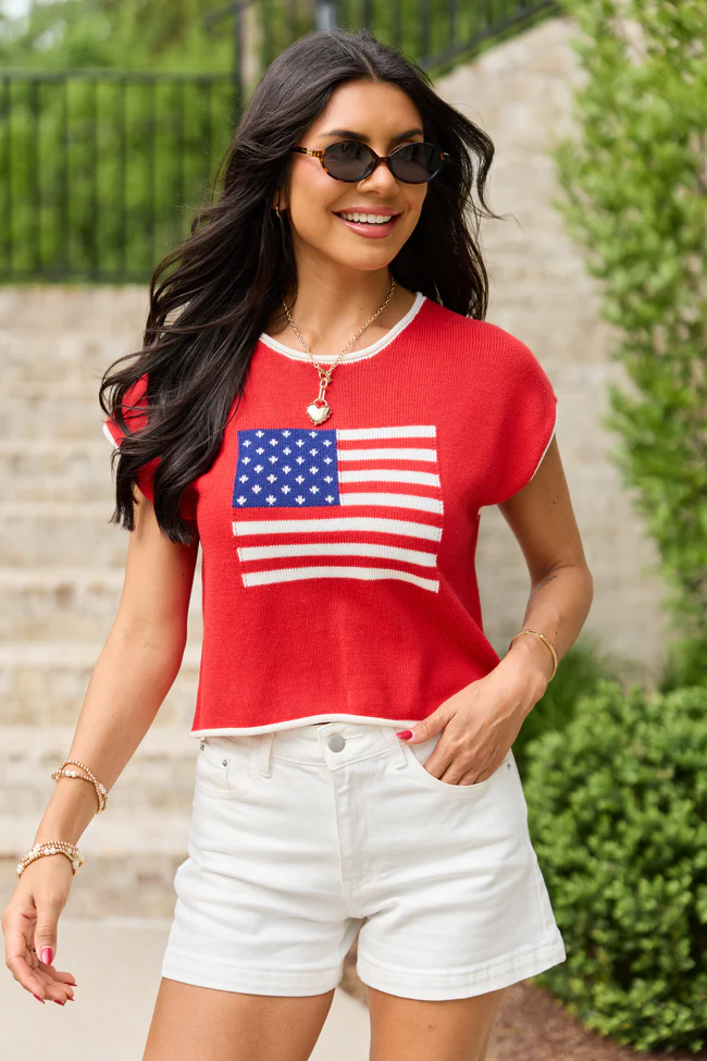 Red American Flag Sweater Top SALE - Image 3