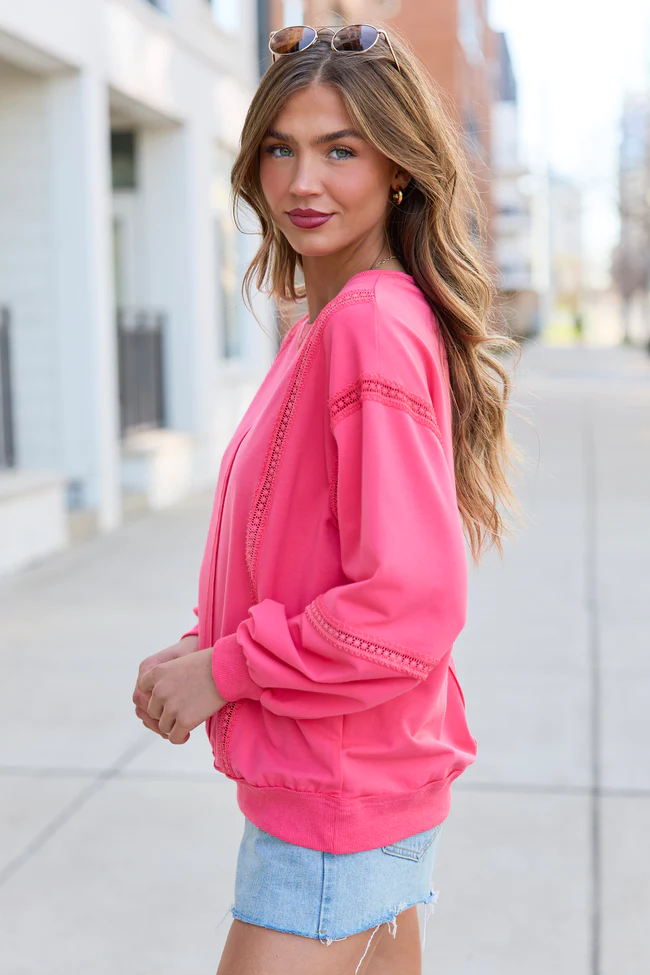 Sadie Hot Pink Eyelet Trim Pullover - Image 3