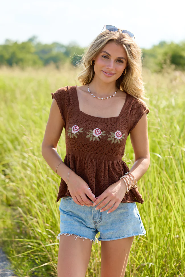 Sloane Brown Embroidered Floral Babydoll Top - Image 3