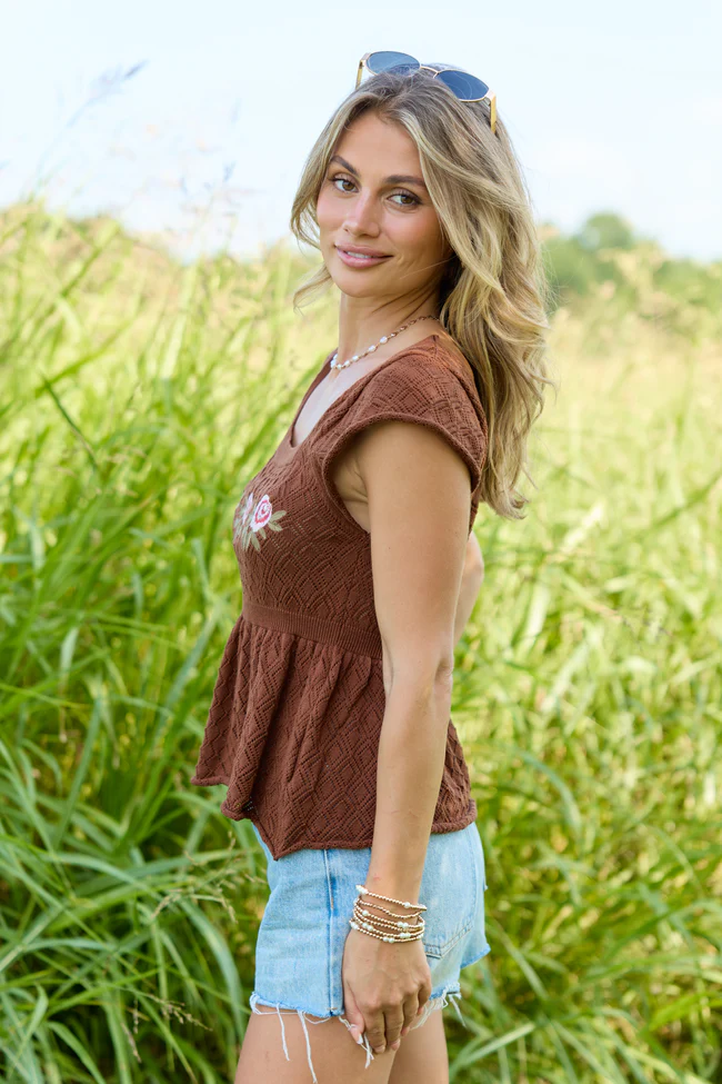 Sloane Brown Embroidered Floral Babydoll Top - Image 4