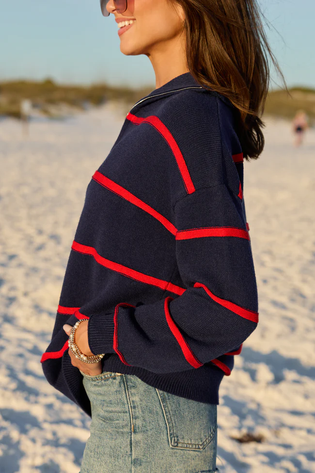 Sunday Stripe Club Navy And Red Quarter Zip - Image 4