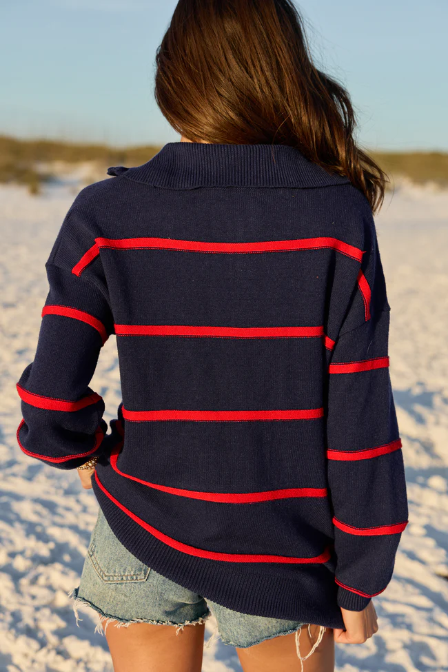 Sunday Stripe Club Navy And Red Quarter Zip - Image 5