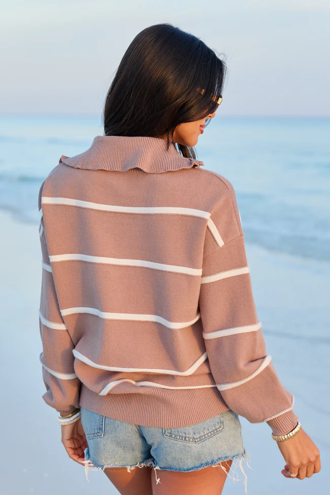 Sunday Stripe Club Taupe And White Quarter Zip - Image 4