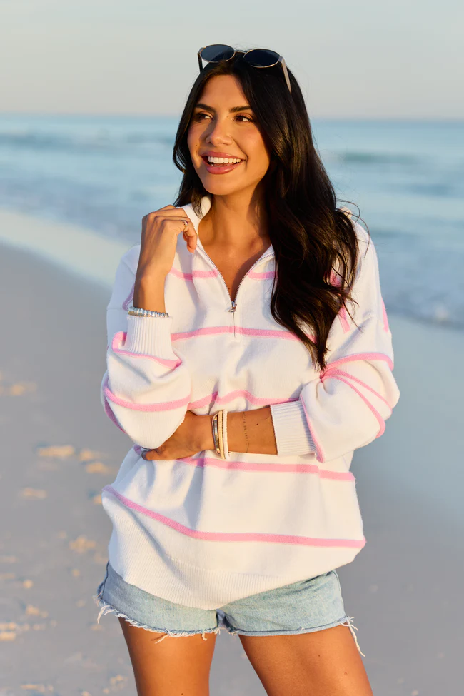 Sunday Stripe Club White And Pink Quarter Zip - Image 3
