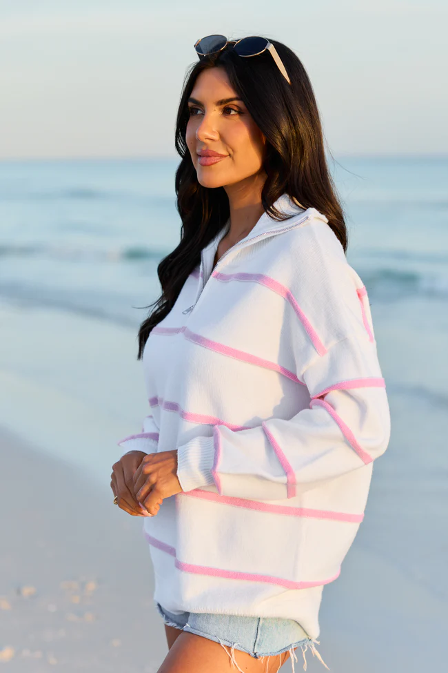 Sunday Stripe Club White And Pink Quarter Zip - Image 4