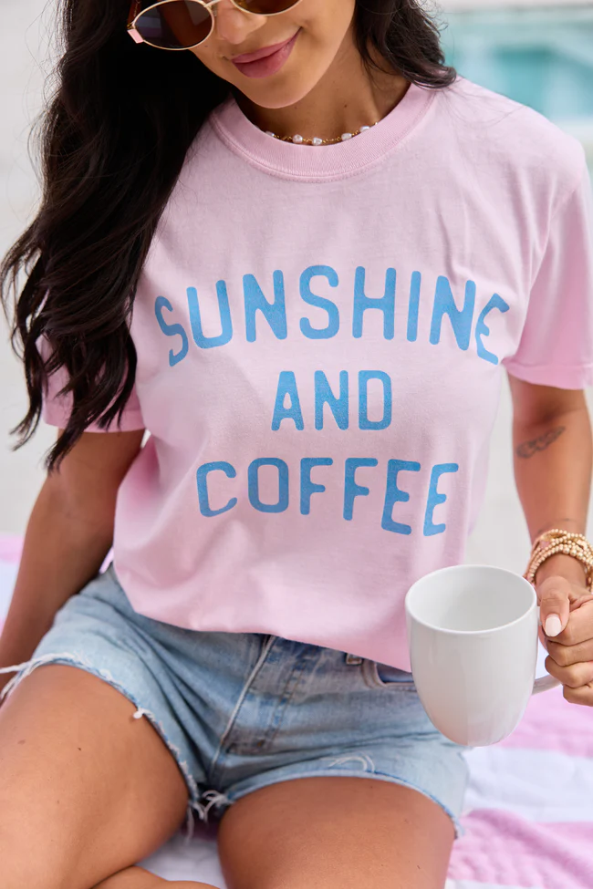 Sunshine And Coffee Light Pink Comfort Colors Graphic Tee - Image 2