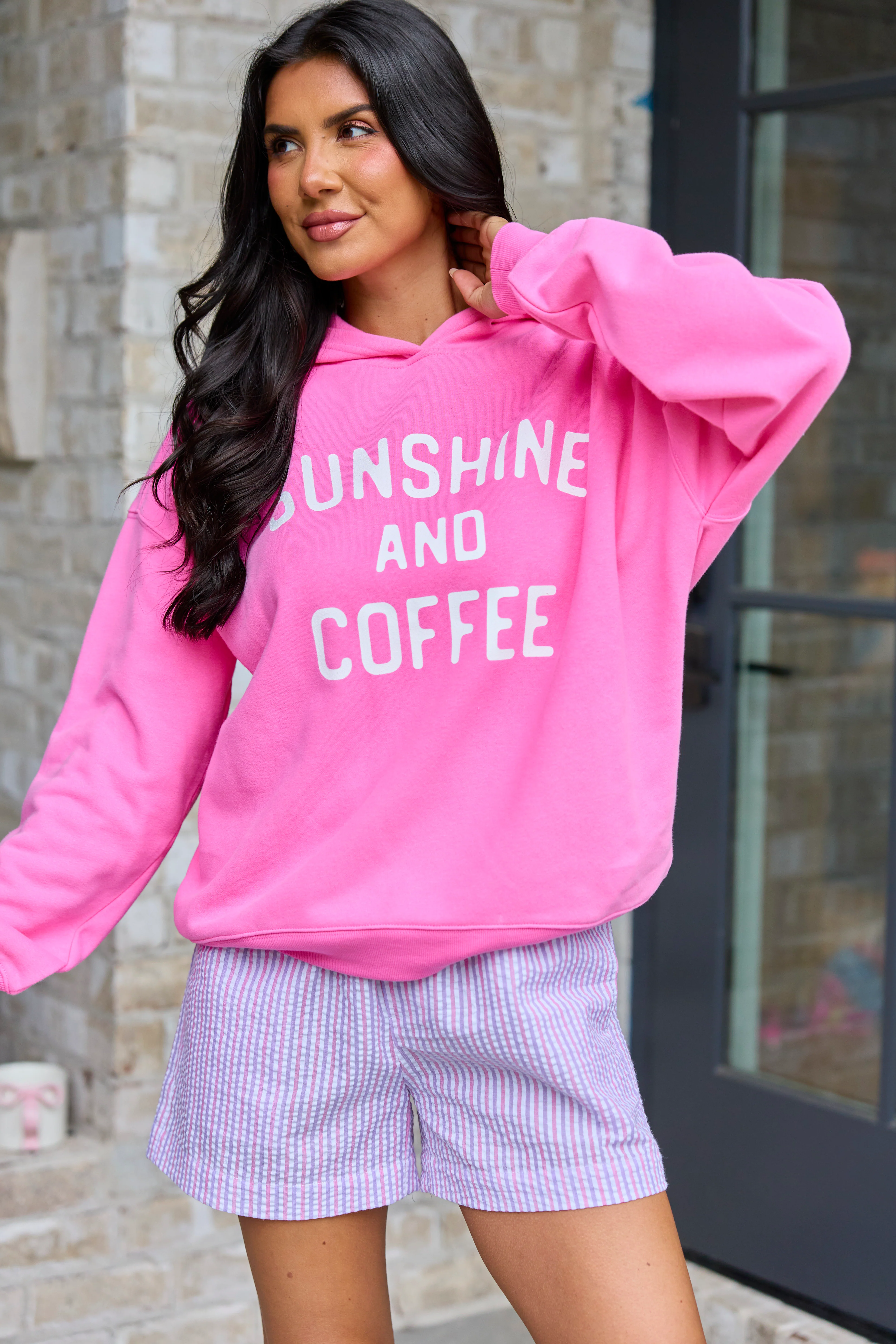 Sunshine And Coffee Pink Graphic Hoodie - Image 3
