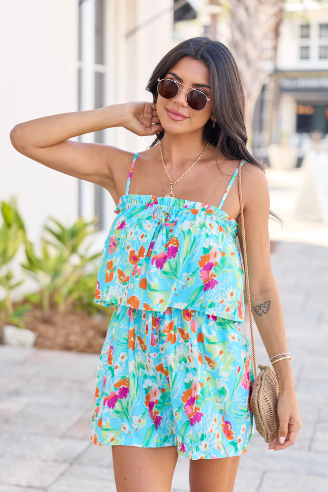 Talia Turquoise Floral Printed Romper - Image 3