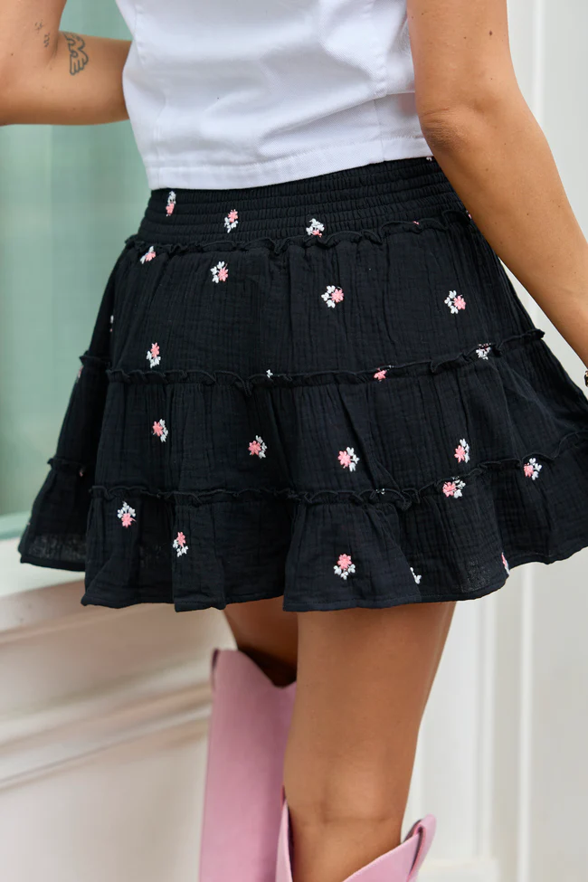 Through The Garden Black Gauze Floral Mini Skort - Image 5