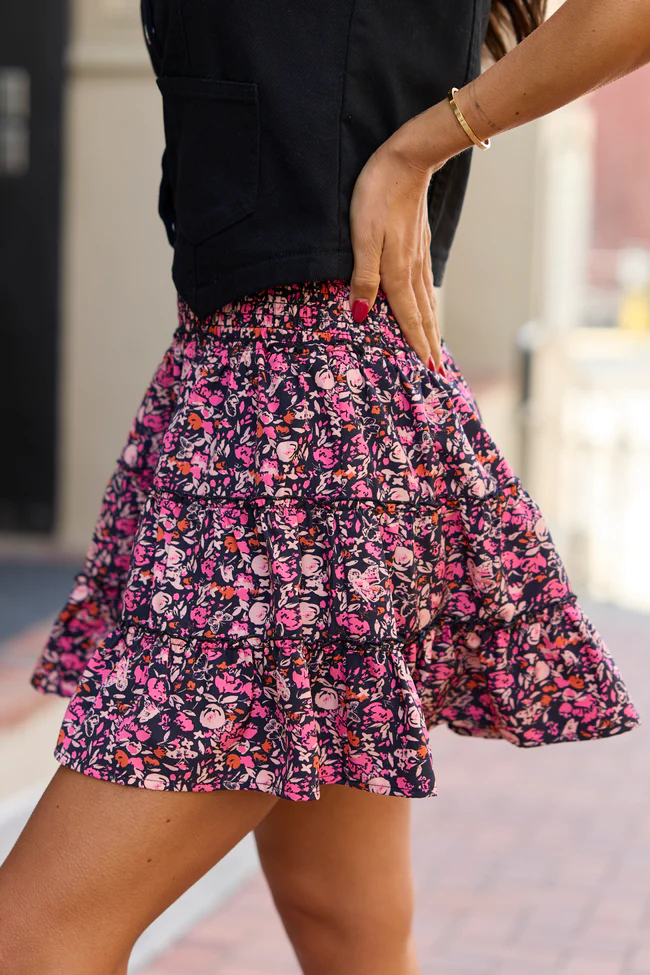 Through The Garden Black & Pink Floral Mini Skort - Image 5