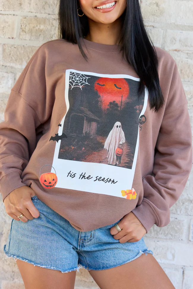 'Tis The Season Halloween Photo Print Mocha Graphic Sweatshirt - Image 3