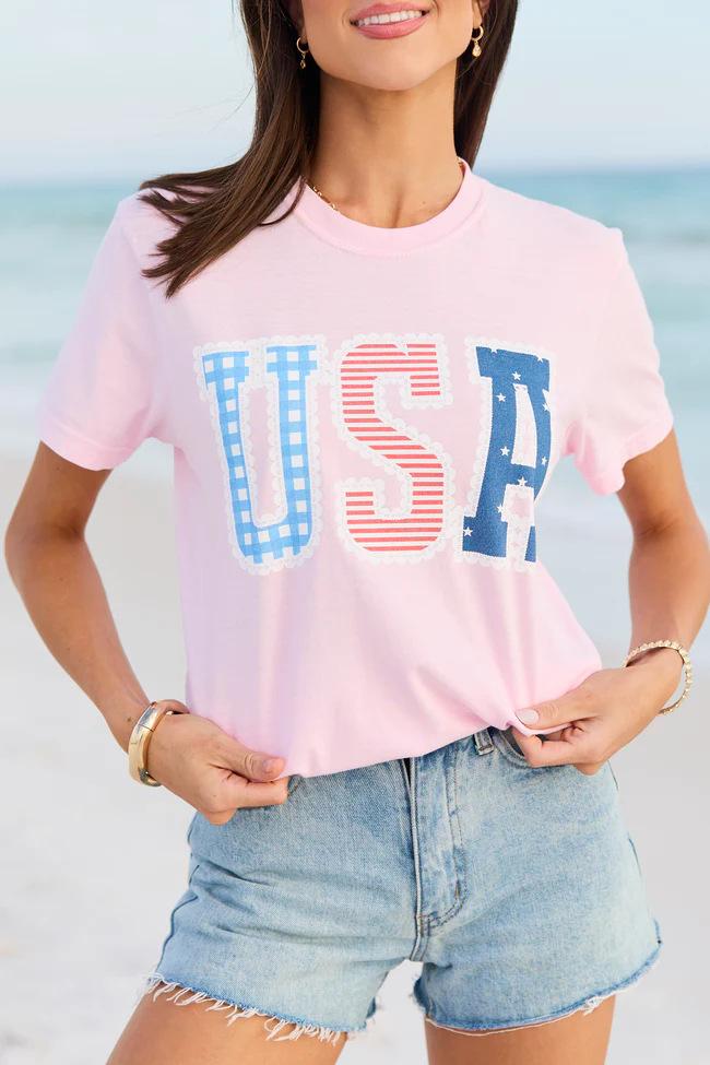 USA Lace Print Light Pink Comfort Colors Graphic Tee - Image 2