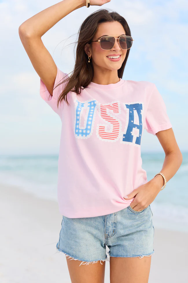 USA Lace Print Light Pink Comfort Colors Graphic Tee - Image 4