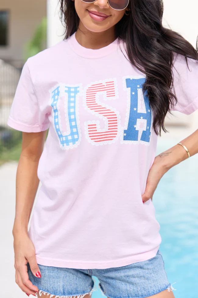 USA Lace Print Light Pink Comfort Colors Graphic Tee - Image 5