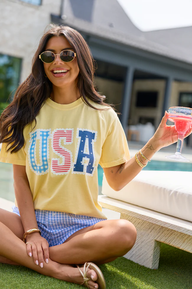 USA Lace Print Yellow Comfort Colors Graphic Tee - Image 2