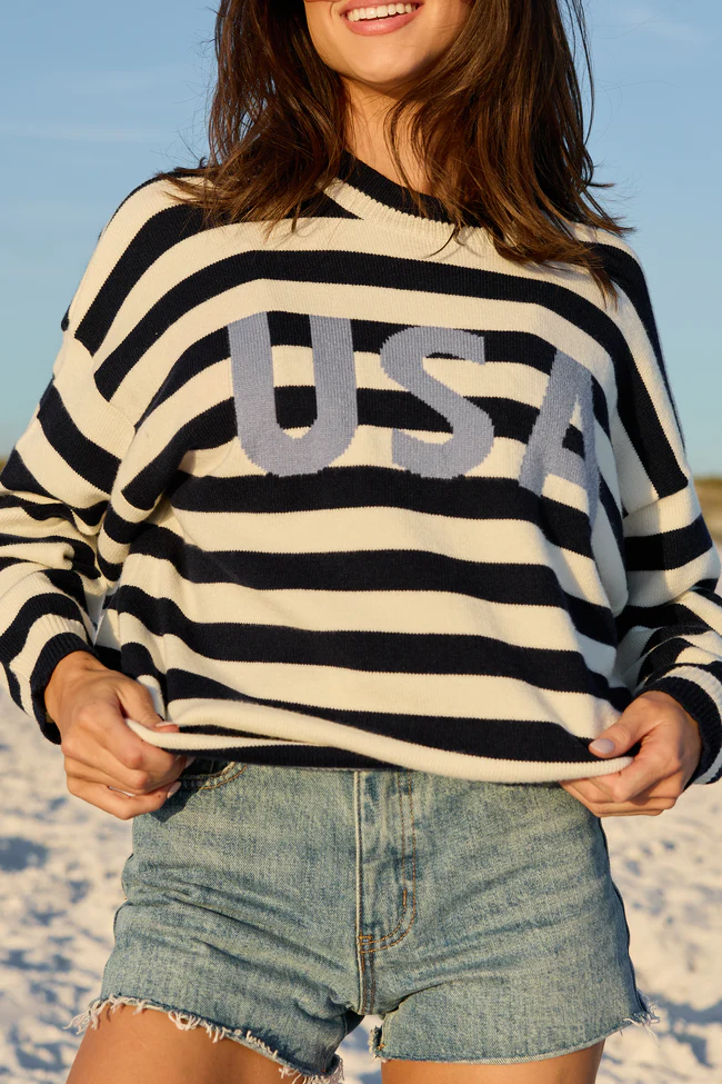 USA Navy And Ivory Striped Sweater SALE - Image 2