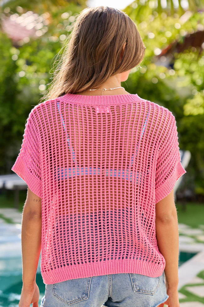 Wave Of Relief Pink Short Sleeve Open Knit Cover Up Sweater FINAL SALE - Image 5