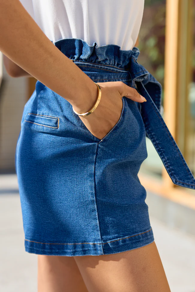 What's New Dark Wash Paperbag Waist Belted Denim Shorts SALE - Image 3