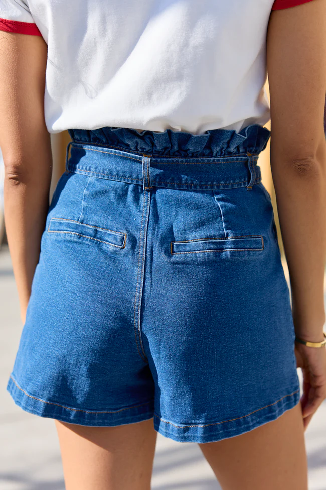 What's New Dark Wash Paperbag Waist Belted Denim Shorts SALE - Image 4